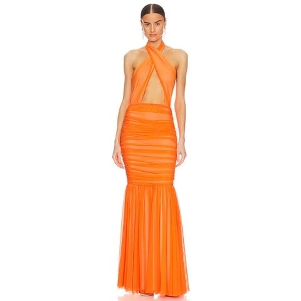 Norma Kamali Cross Halter Fishtail Gown in Neon Orange 36/Small